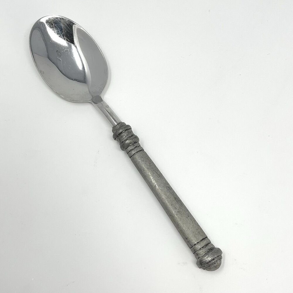 Pottery Barn 70% PEWTER Banded Handle & Stainless Place Dinner Soup Spoon 8 3/8”